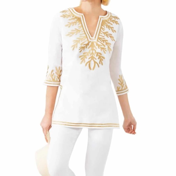 NEW Gretchen Scott Women's Cotton Reef Tunic White Gold 3/4 Sleeve Small S CT - Picture 4 of 5